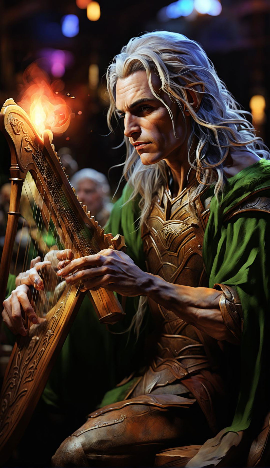 Intense close-up digital art of an elven bard playing a beautifully carved oak harp in a tavern setting.