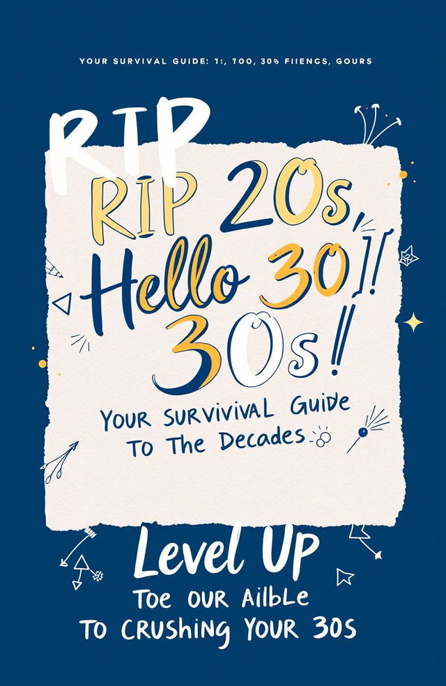 A stylish, cool handwritten cover design for a book featuring the title "RIP 20s, Hello 30s! Your Survival Guide to the Decades" prominently displayed in large, artistic handwritten font