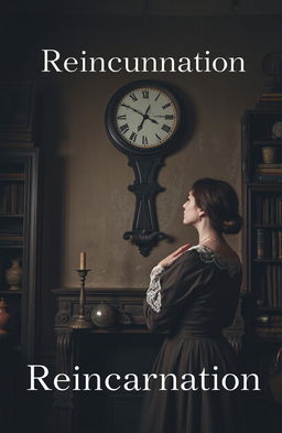 A woman dressed in elegant old-fashioned attire, with a vintage dress and lace details, gazes intently at a clock mounted on an antique wall