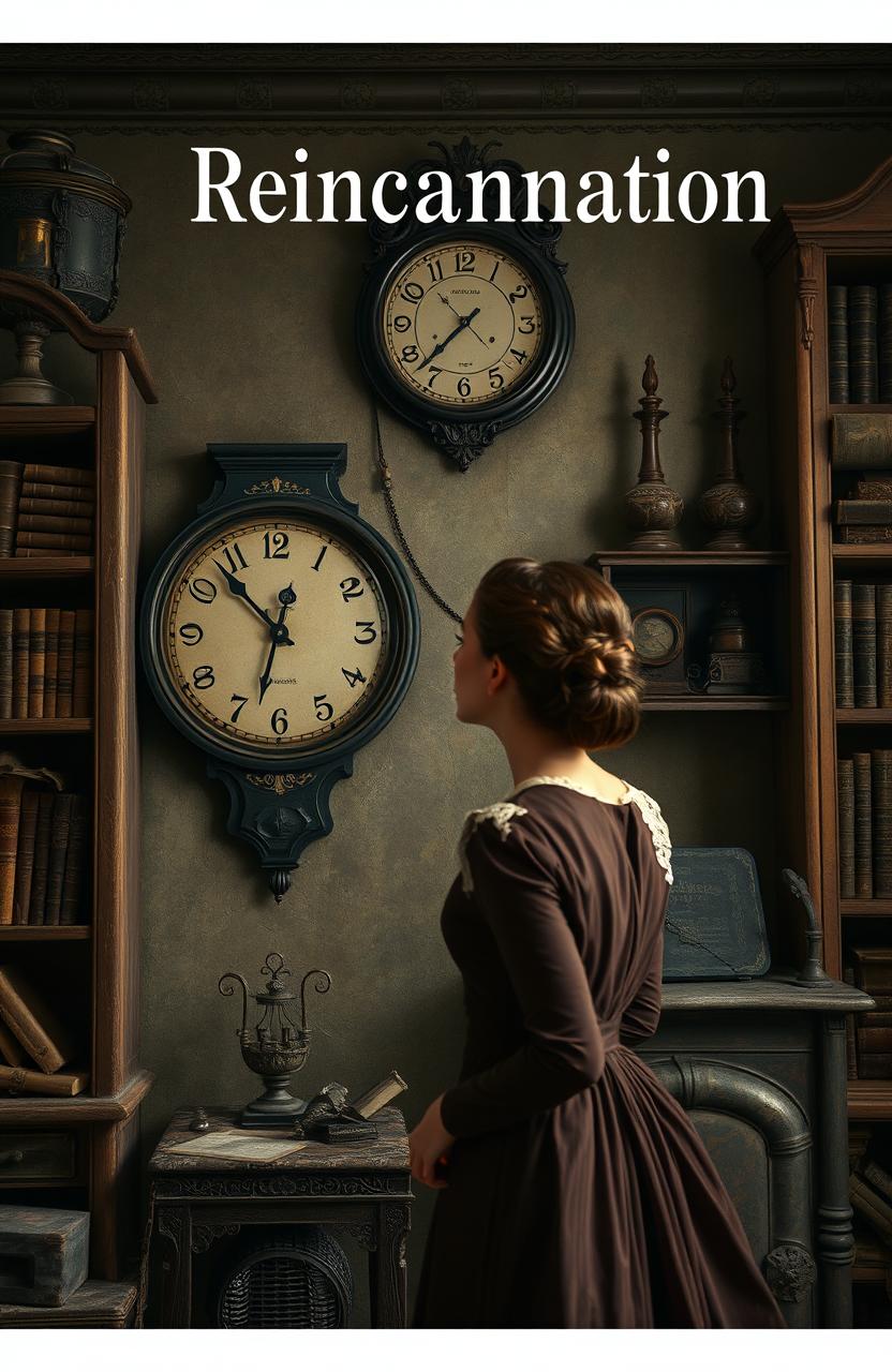 A woman dressed in elegant old-fashioned attire, with a vintage dress and lace details, gazes intently at a clock mounted on an antique wall