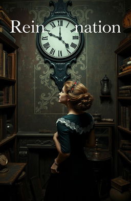 A woman dressed in elegant old-fashioned attire, with a vintage dress and lace details, gazes intently at a clock mounted on an antique wall