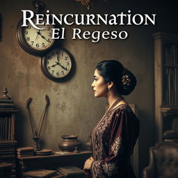 A woman dressed in a traditional baro't saya, elegantly styled with intricate embroidery, gazes thoughtfully at a clock hanging upon an antique wall