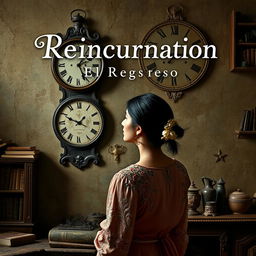 A woman dressed in a traditional baro't saya, elegantly styled with intricate embroidery, gazes thoughtfully at a clock hanging upon an antique wall