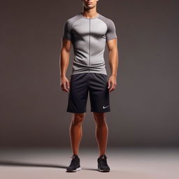 An athletic attire for an adult male, combining performance-enhancing design with comfort, including a breathable jersey, sport shorts, and matching sports shoes.