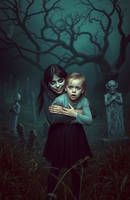 A girl with a scary face, featuring sharp features and an eerie grin, stands prominently in the foreground