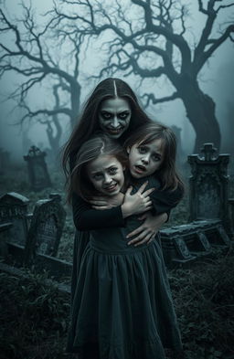 A girl with a scary face, featuring sharp features and an eerie grin, stands prominently in the foreground