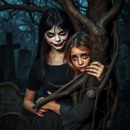 A girl with a scary face, characterized by sharp features and an unsettling smile, stands confidently with one shoulder supporting another girl who has a terrified expression