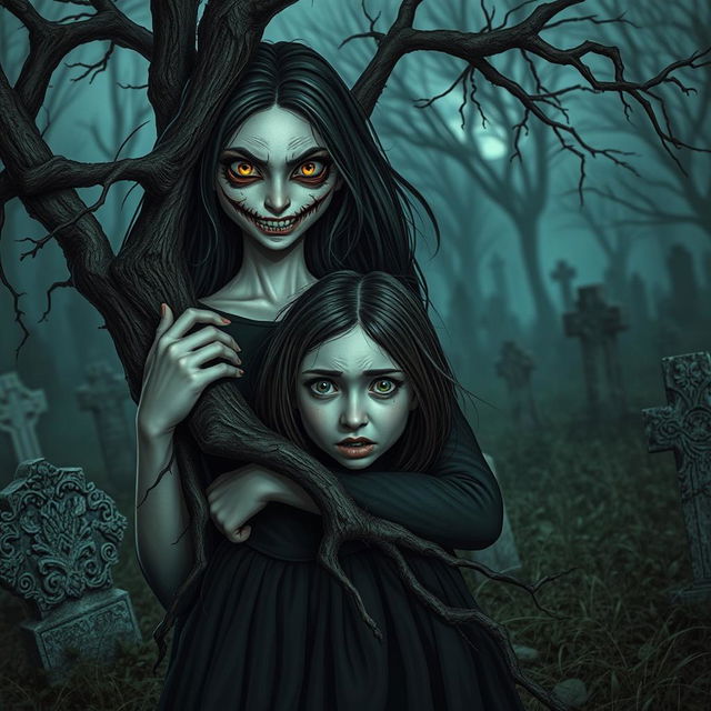 A girl with a scary face, characterized by sharp features and an unsettling smile, stands confidently with one shoulder supporting another girl who has a terrified expression