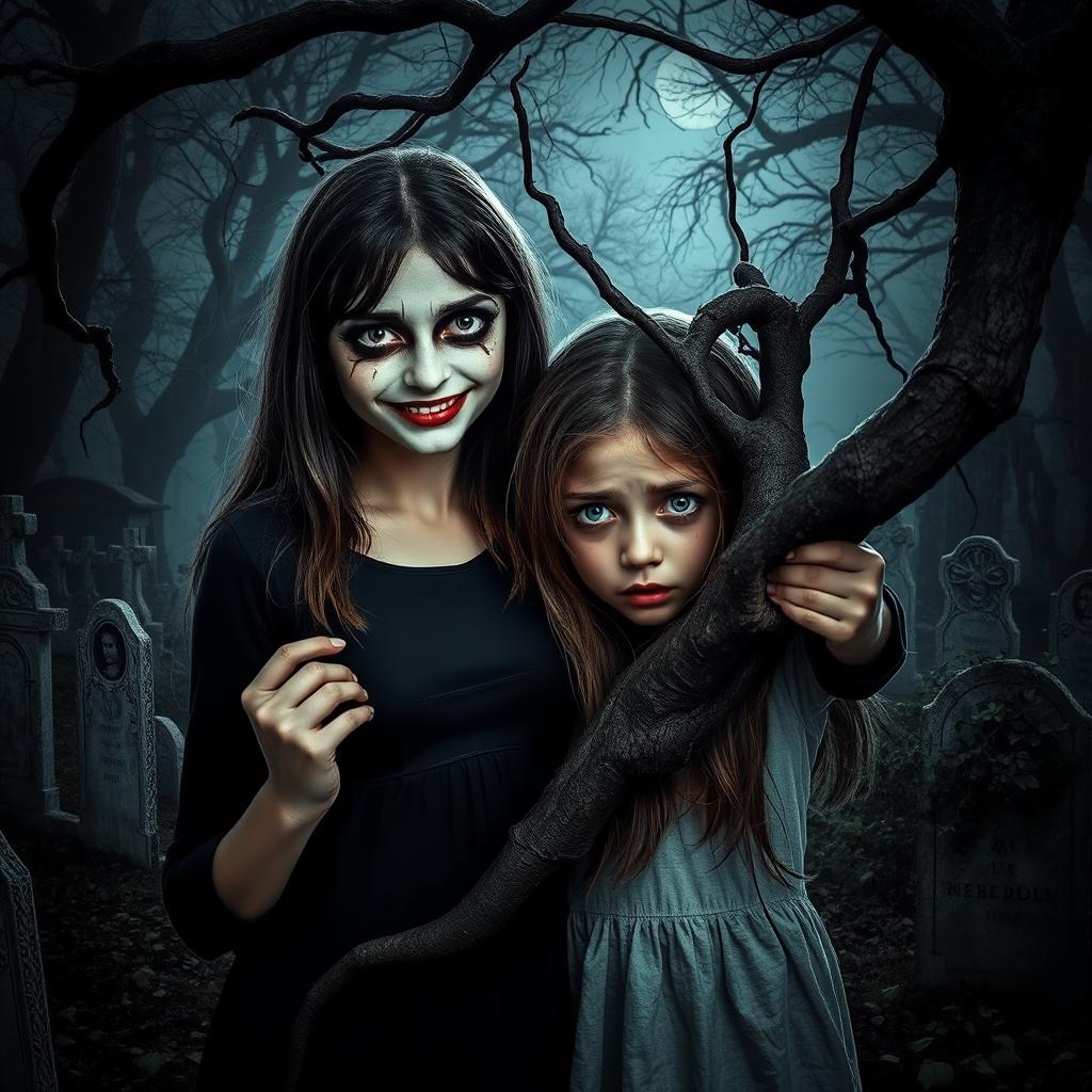 A girl with a scary face, characterized by sharp features and an unsettling smile, stands confidently with one shoulder supporting another girl who has a terrified expression