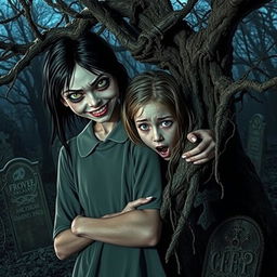 A girl with a scary face, characterized by sharp features and an unsettling smile, stands confidently with one shoulder supporting another girl who has a terrified expression