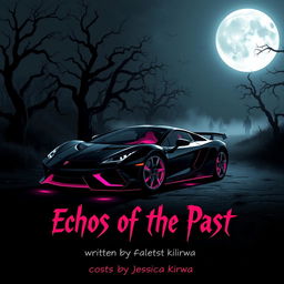 A chilling and atmospheric scene illustrating a sleek black sports car with striking pink detailing, set against a dark, eerie landscape that evokes a sense of horror