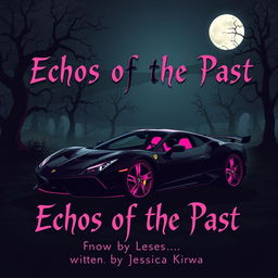 A chilling and atmospheric scene illustrating a sleek black sports car with striking pink detailing, set against a dark, eerie landscape that evokes a sense of horror