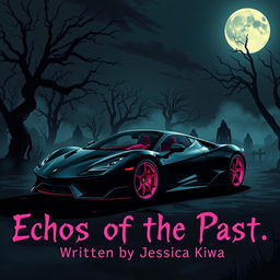 A chilling and atmospheric scene illustrating a sleek black sports car with striking pink detailing, set against a dark, eerie landscape that evokes a sense of horror