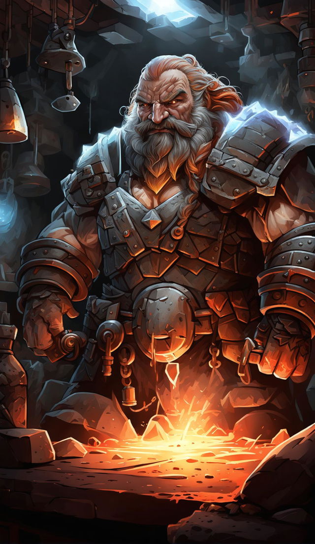 A detailed digital art of a dwarven blacksmith hammering a glowing sword on an anvil in a forge.