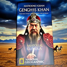 A visually striking National Geographic book cover for a biography of Genghis Khan