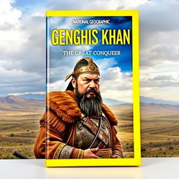 A visually captivating National Geographic book cover for a biography titled 'Genghis Khan: The Great Conqueror'