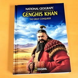 A visually captivating National Geographic book cover for a biography titled 'Genghis Khan: The Great Conqueror'