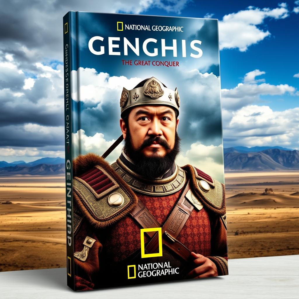 A visually captivating National Geographic book cover for a biography titled 'Genghis Khan: The Great Conqueror'