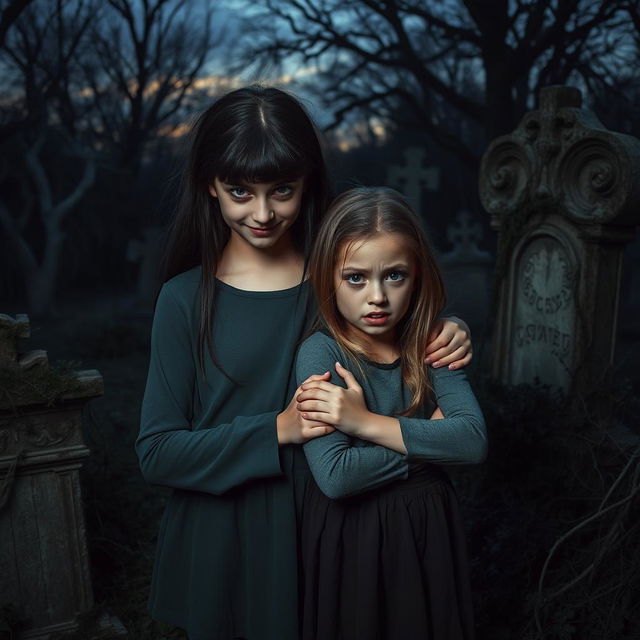 A girl with a scary face, defined by sharp cheekbones and a haunting smile, stands confidently holding the shoulder of another girl who has a fearful expression, her eyes wide with terror