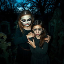 A girl with a scary face, defined by sharp cheekbones and a haunting smile, stands confidently holding the shoulder of another girl who has a fearful expression, her eyes wide with terror