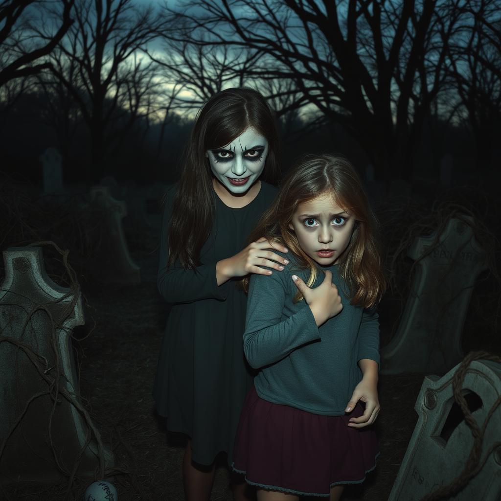 A girl with a scary face, defined by sharp cheekbones and a haunting smile, stands confidently holding the shoulder of another girl who has a fearful expression, her eyes wide with terror