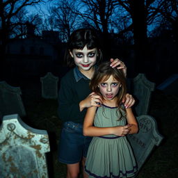 A girl with a scary face, defined by sharp cheekbones and a haunting smile, stands confidently holding the shoulder of another girl who has a fearful expression, her eyes wide with terror