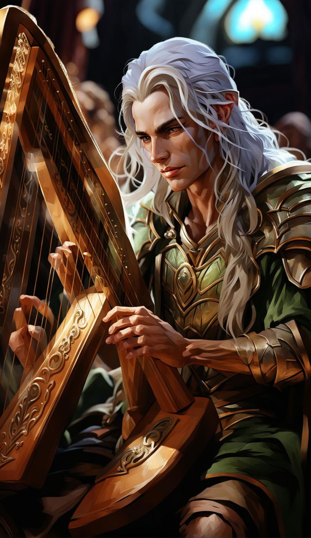 Intense close-up digital art of a DND elven bard playing an intricately carved oak harp in a grand hall, with dramatic lighting and a warm color palette.