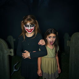 A girl with a scary face, characterized by exaggerated features and a menacing grin, stands confidently while holding the shoulder of another girl who appears terrified, her expression filled with fear and wide eyes