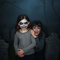 A girl with a scary face, characterized by exaggerated features and a menacing grin, stands confidently while holding the shoulder of another girl who appears terrified, her expression filled with fear and wide eyes