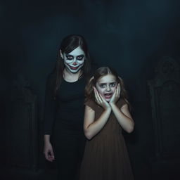 A girl with a scary face, characterized by exaggerated features and a menacing grin, stands confidently while holding the shoulder of another girl who appears terrified, her expression filled with fear and wide eyes