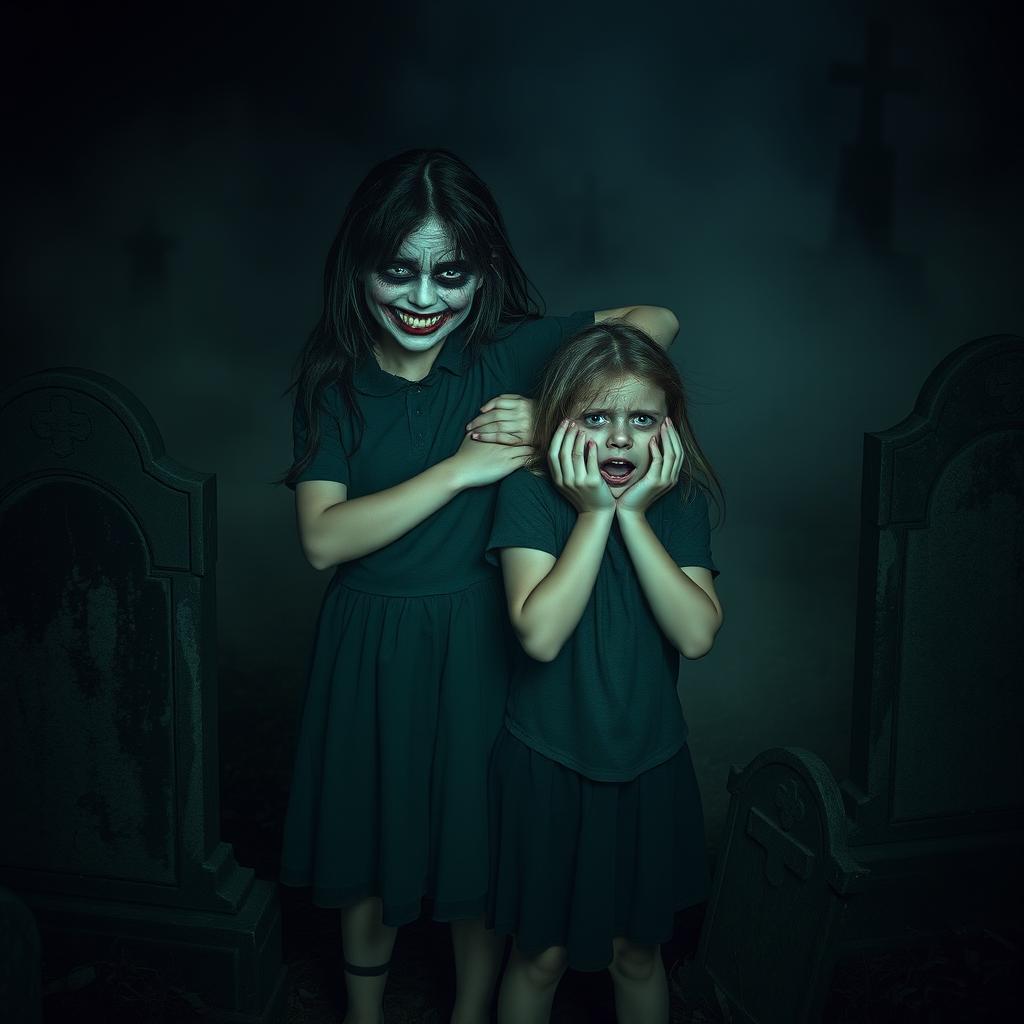 A girl with a scary face, characterized by exaggerated features and a menacing grin, stands confidently while holding the shoulder of another girl who appears terrified, her expression filled with fear and wide eyes