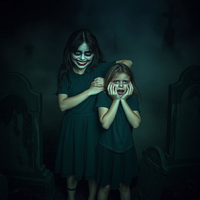 A girl with a scary face, characterized by exaggerated features and a menacing grin, stands confidently while holding the shoulder of another girl who appears terrified, her expression filled with fear and wide eyes