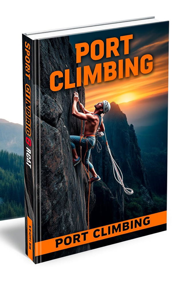 A striking book cover design focused on sport climbing, showcasing a dynamic climber scaling a rocky cliff face against a dramatic sunset background