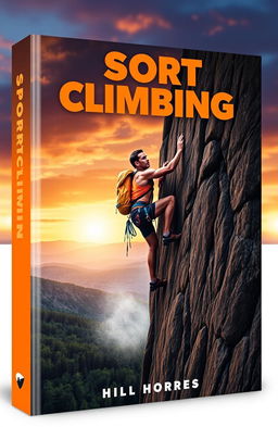 A striking book cover design focused on sport climbing, showcasing a dynamic climber scaling a rocky cliff face against a dramatic sunset background