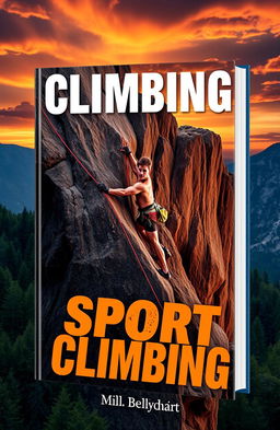 A striking book cover design focused on sport climbing, showcasing a dynamic climber scaling a rocky cliff face against a dramatic sunset background