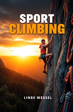 A striking book cover design focused on sport climbing, showcasing a dynamic climber scaling a rocky cliff face against a dramatic sunset background