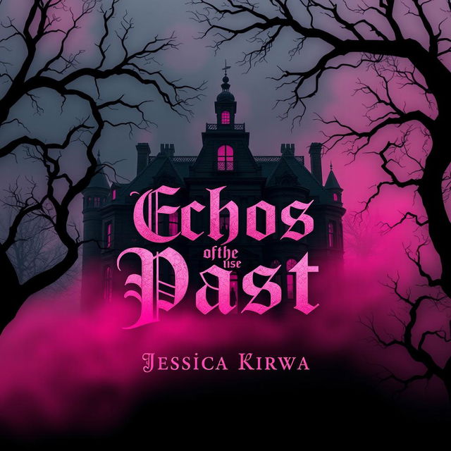 A chilling and atmospheric book cover design titled 'Echos of the Past' in the horror fiction genre, predominantly featuring black and pink colors