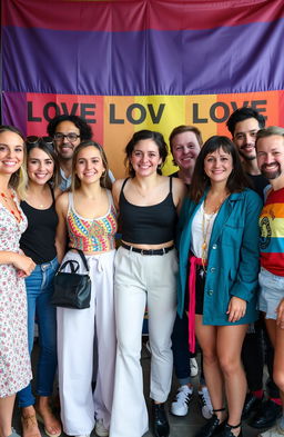 A diverse group of LGBT individuals standing together, smiling and showing expressions of joy and camaraderie