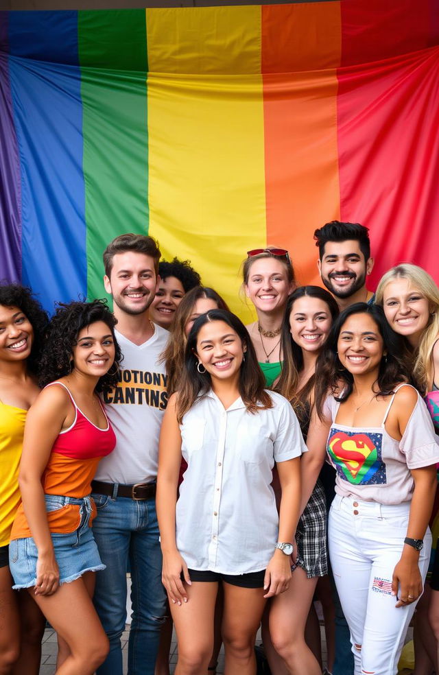 A diverse group of LGBT individuals standing together, smiling and showing expressions of joy and camaraderie