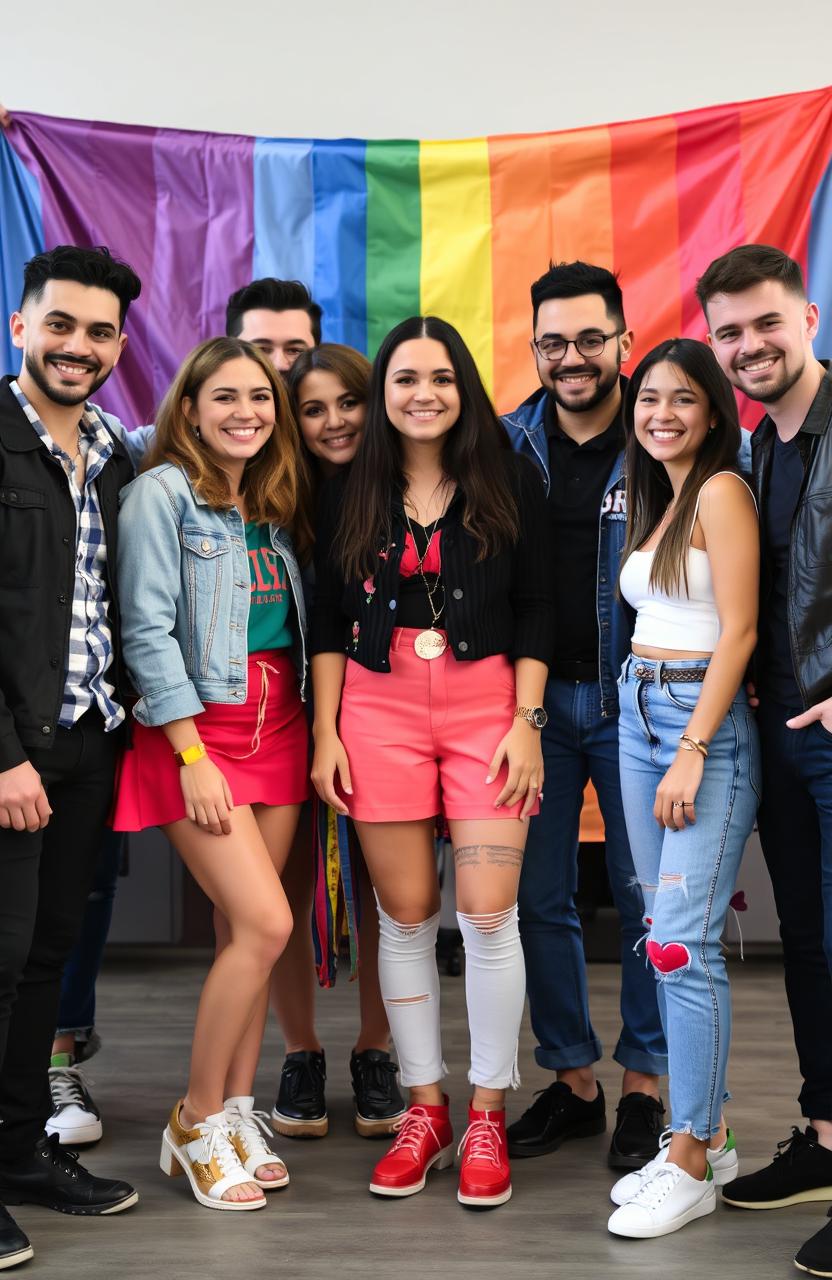 A diverse group of LGBT individuals standing together, smiling and showing expressions of joy and camaraderie