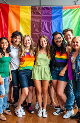 A diverse group of LGBT individuals standing together, smiling and showing expressions of joy and camaraderie