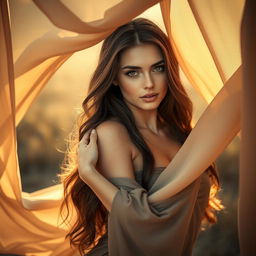 A sensual and artistic portrayal of an 18-year-old adult woman with long brown hair and captivating hazel eyes posing in an elegant, natural setting
