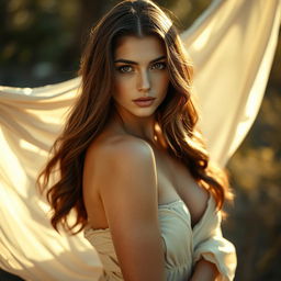 A sensual and artistic portrayal of an 18-year-old adult woman with long brown hair and captivating hazel eyes posing in an elegant, natural setting