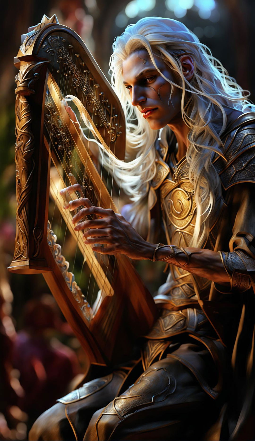 Ultra-high resolution digital art of a DND elven bard playing an exquisitely detailed, glowing oak harp in a grand hall, with heightened intensity, intricate beauty, and dramatic lighting.