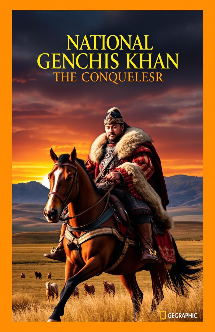 An eye-catching National Geographic cover page themed around Genghis Khan, the conqueror