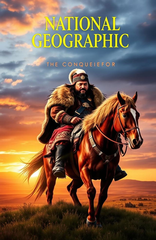 An eye-catching National Geographic cover page themed around Genghis Khan, the conqueror