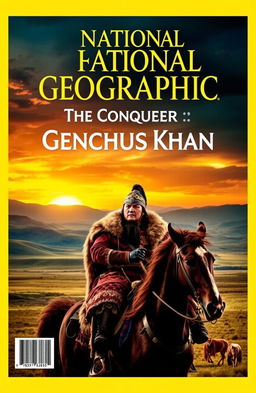 An eye-catching National Geographic cover page themed around Genghis Khan, the conqueror
