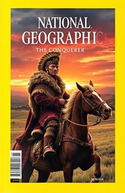 An eye-catching National Geographic cover page themed around Genghis Khan, the conqueror