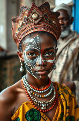 A modern young girl with half her face painted and adorned as a traditional African priestess, showcasing intricate tribal patterns and vibrant colors