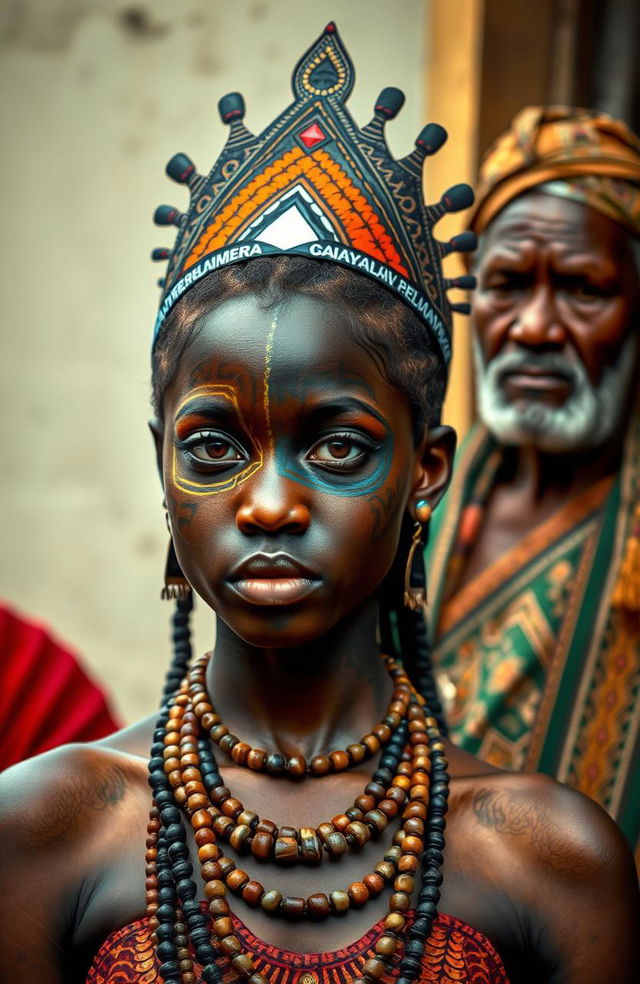 A modern young girl with half her face painted and adorned as a traditional African priestess, showcasing intricate tribal patterns and vibrant colors